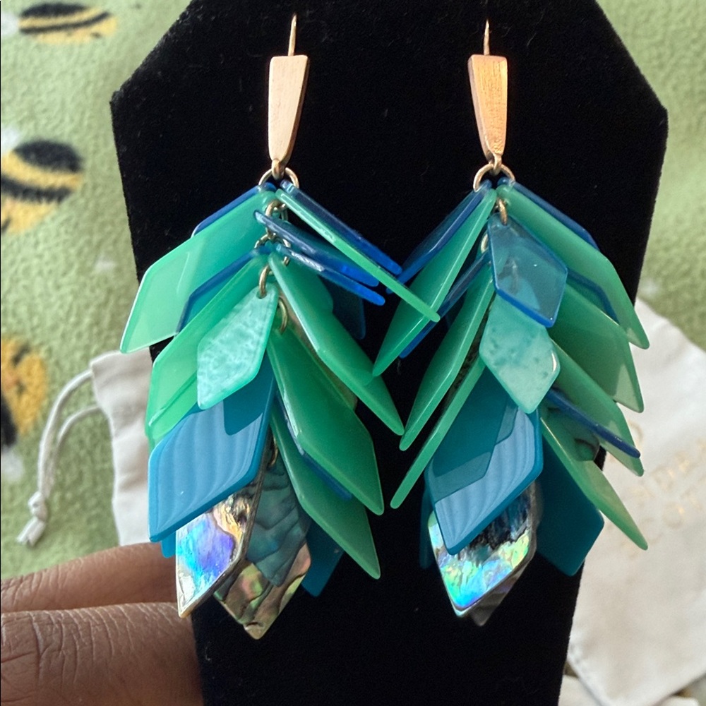 Kendra Scott Jenni statement Rose Gold earrings in blue and teal abalone shell